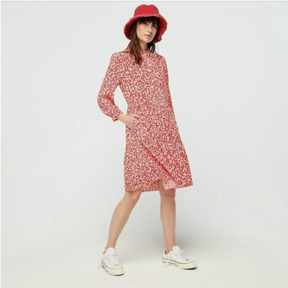 J. Crew Ditsy Floral Tiered Shirtdress Sz S  Red White Cottagecore Twee Prarie